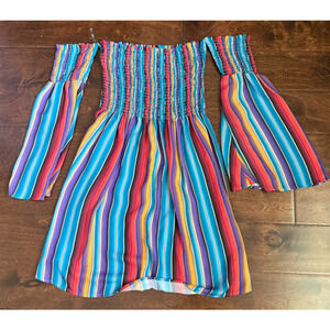 Berry N Cream Off The Shoulder Striped Mini Dress Festival Boho 3/4 Sleeve Med